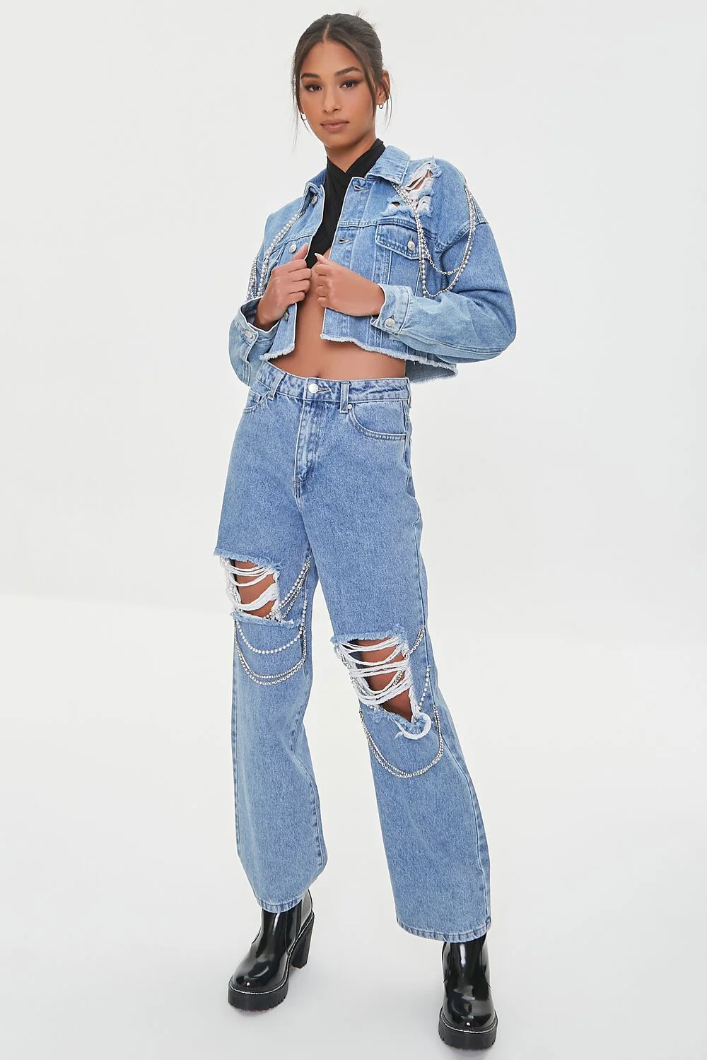 Distressed Chain Straight-Leg Jeans
