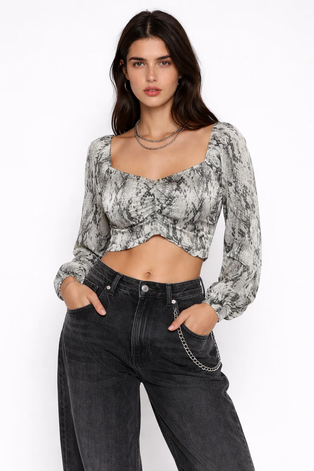 Snake Print Smocked Peasant Top