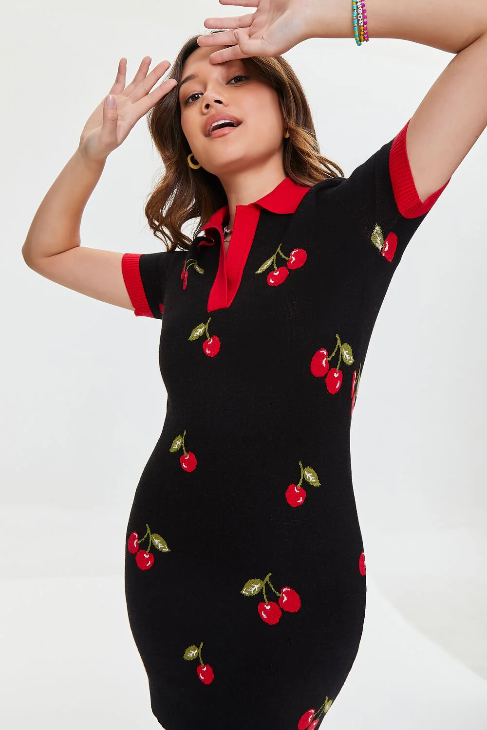 Cherry Split-Neck Sweater Dress