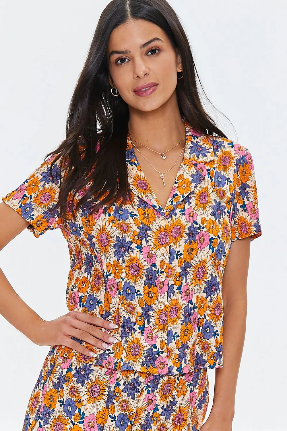 Pleated Floral Print Shirt