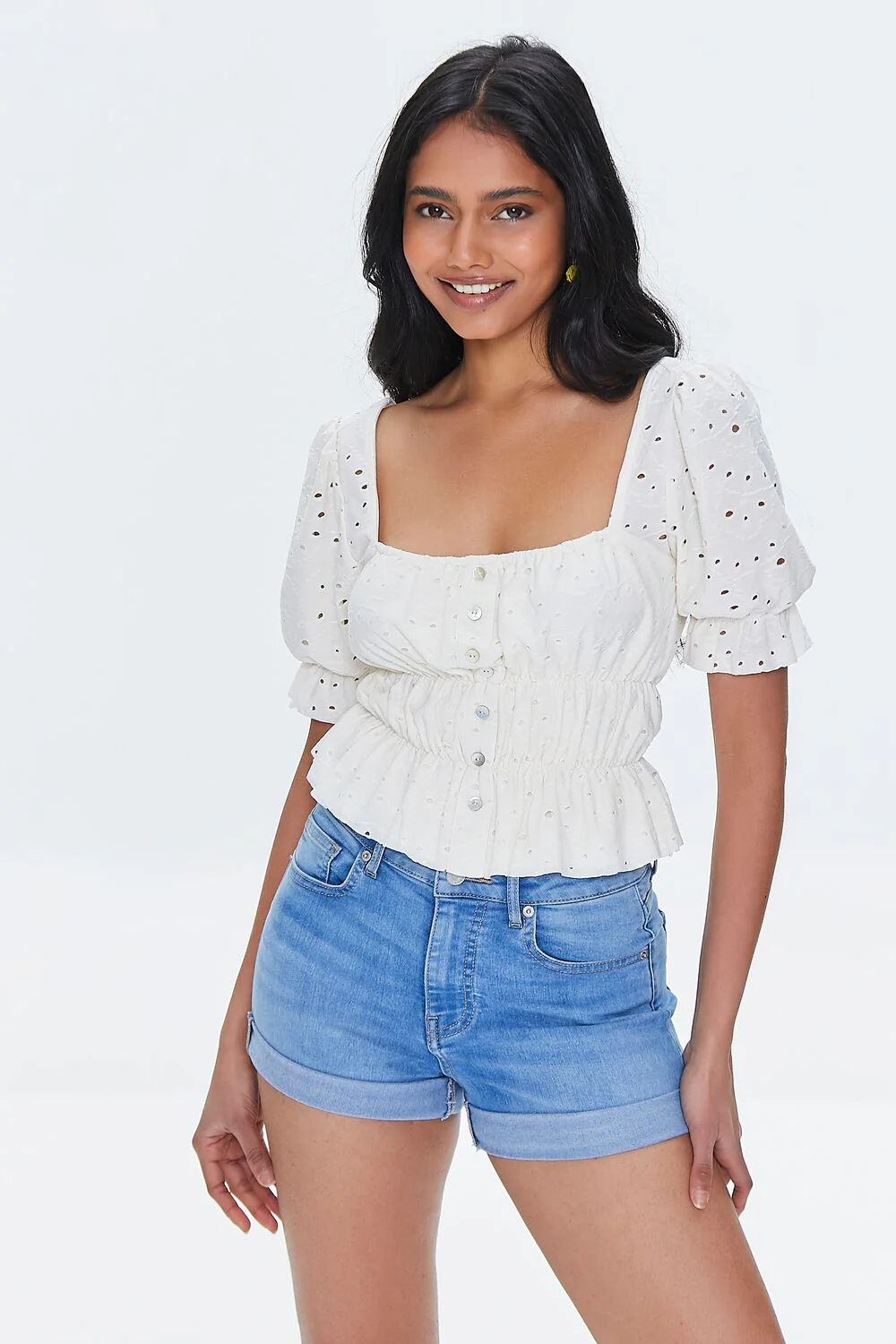 Eyelet Ruffle-Trim Crop Top
