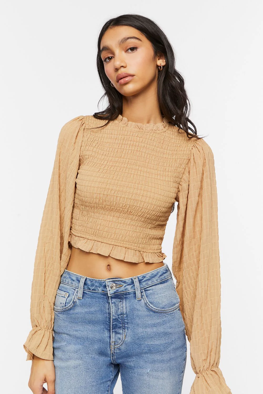 Smocked Peasant-Sleeve Top