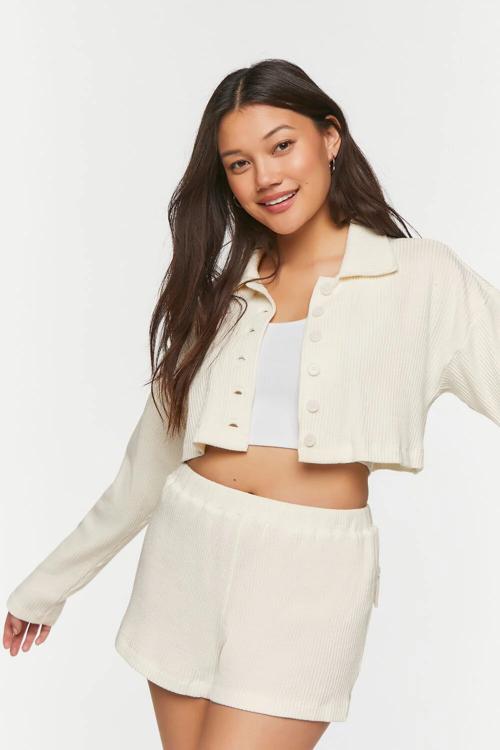 Cropped Waffle Knit Shirt & Shorts Set