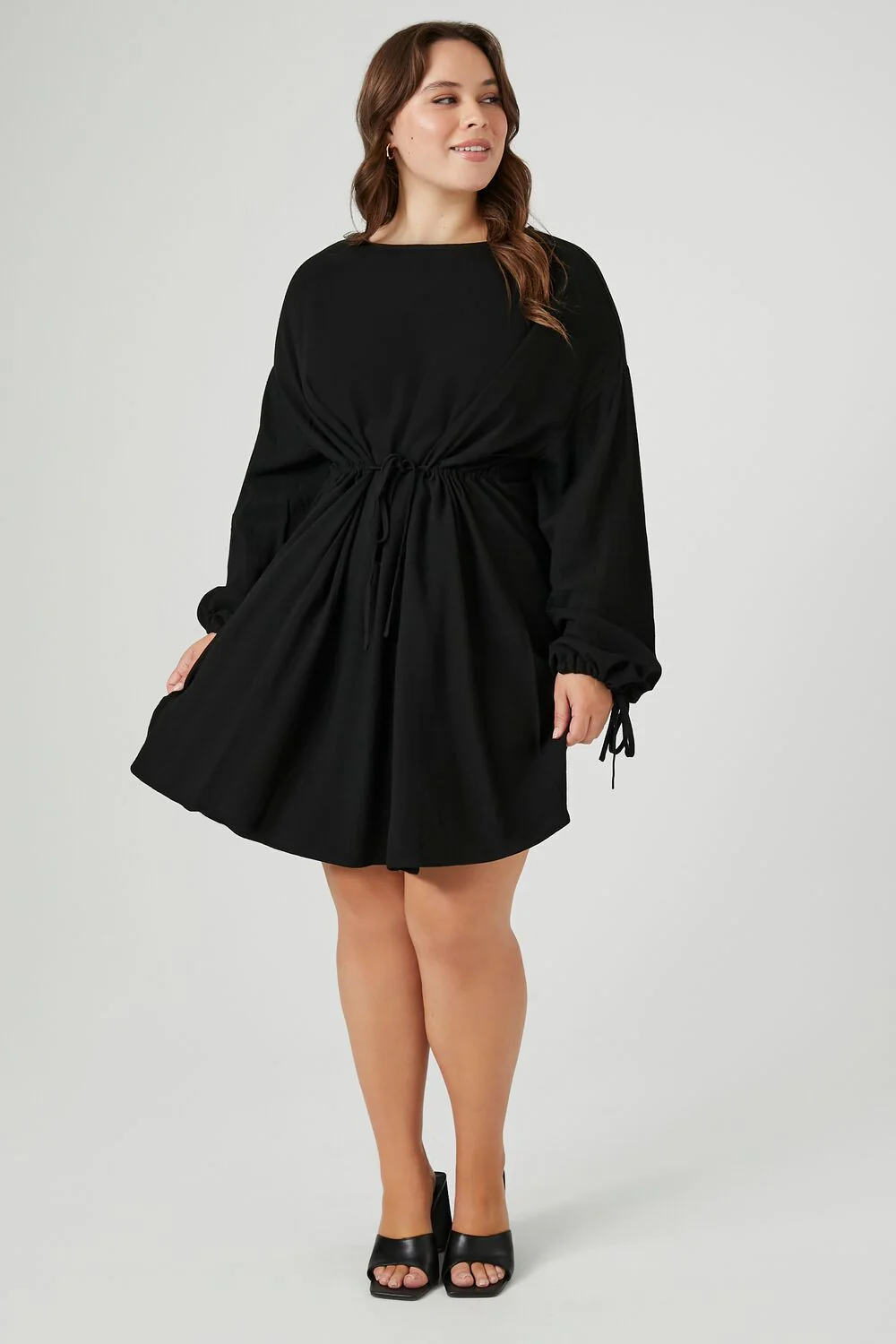 Plus Size Drawstring Peasant-Sleeve Mini Dress