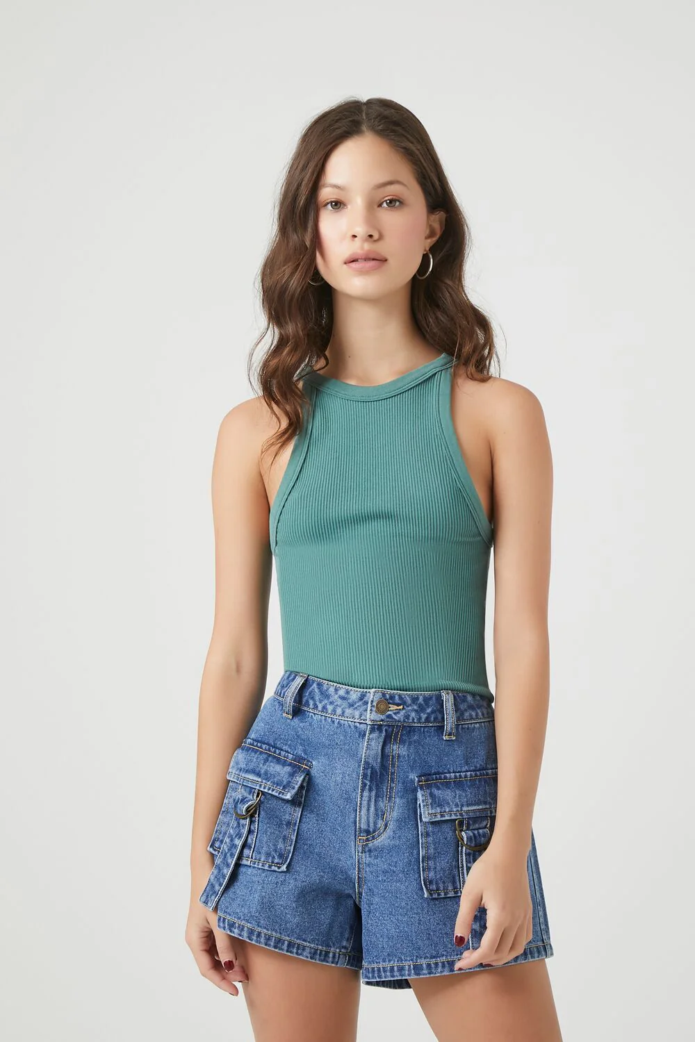 High-Rise Cargo Denim Shorts