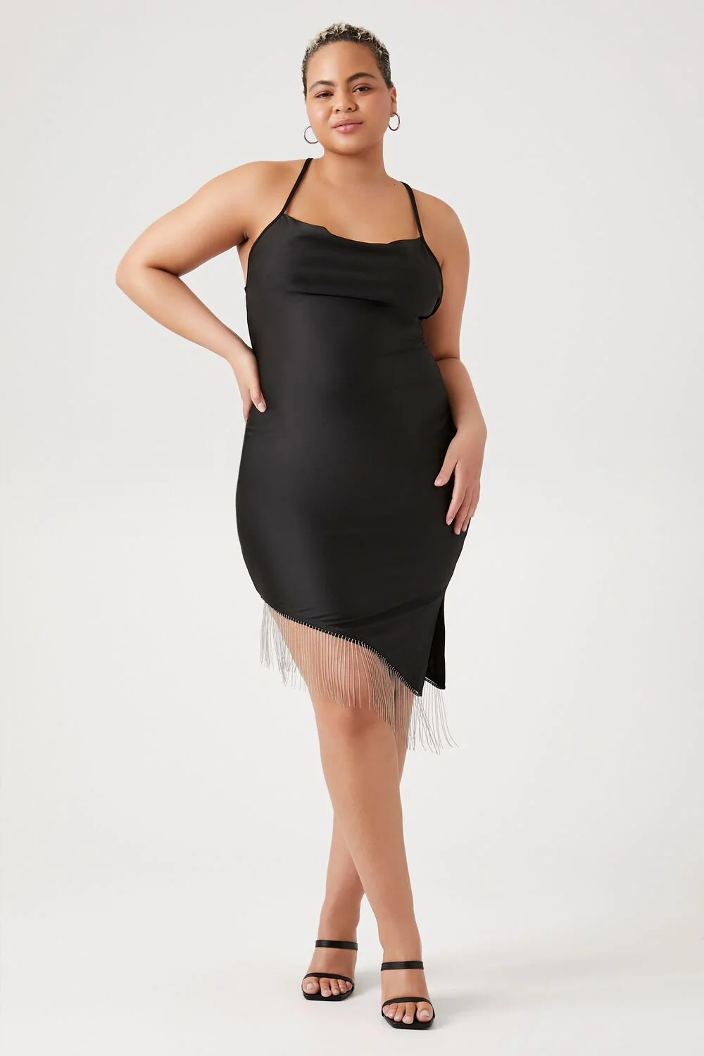 Plus Size Satin Asymmetrical Fringe Dress