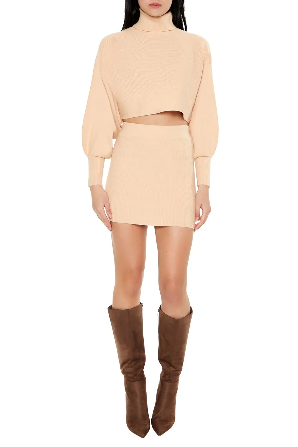 Sweater-Knit Turtleneck Top & Skirt Set