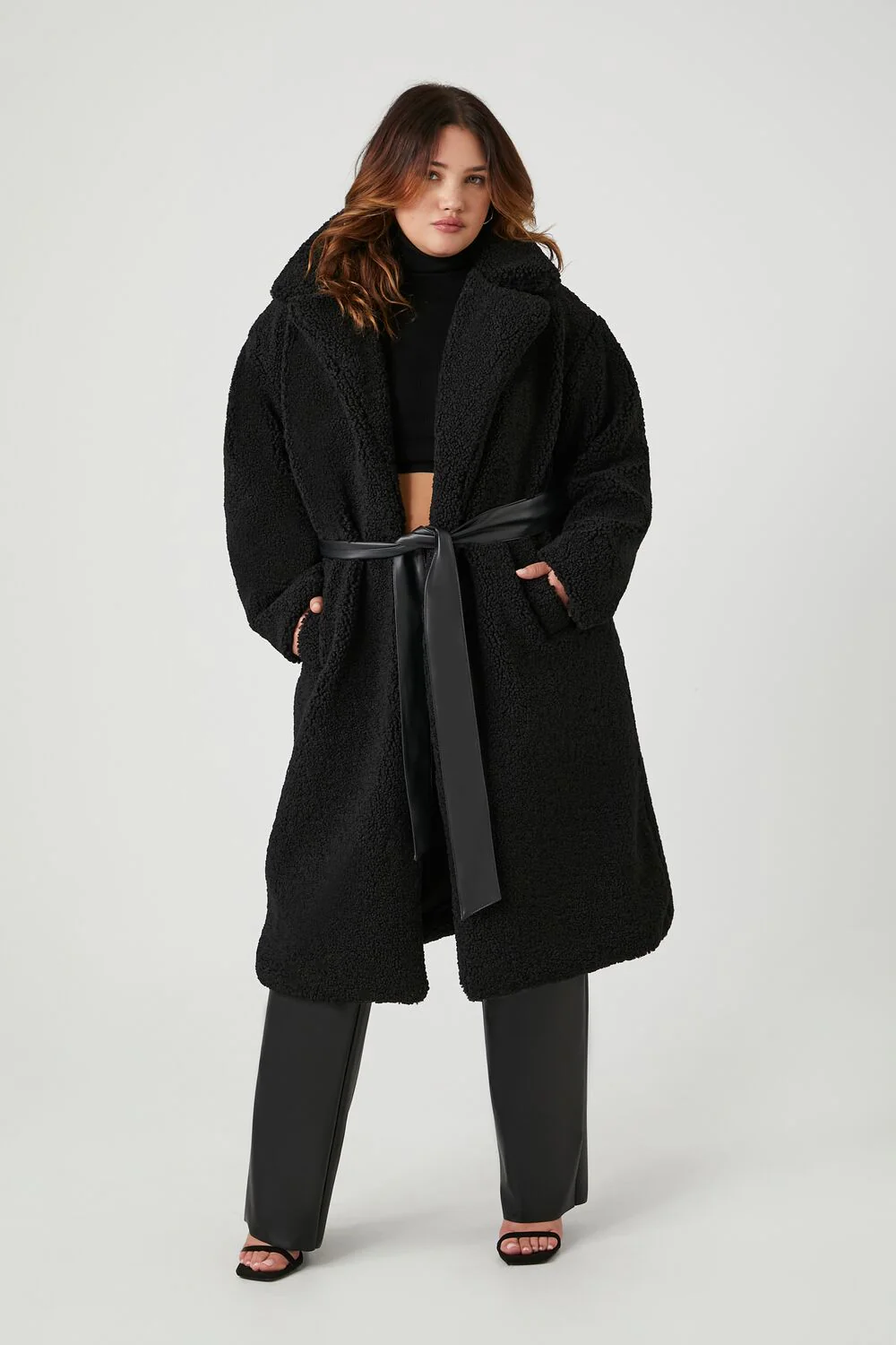 Plus Size Faux Shearling Belted Teddy Coat