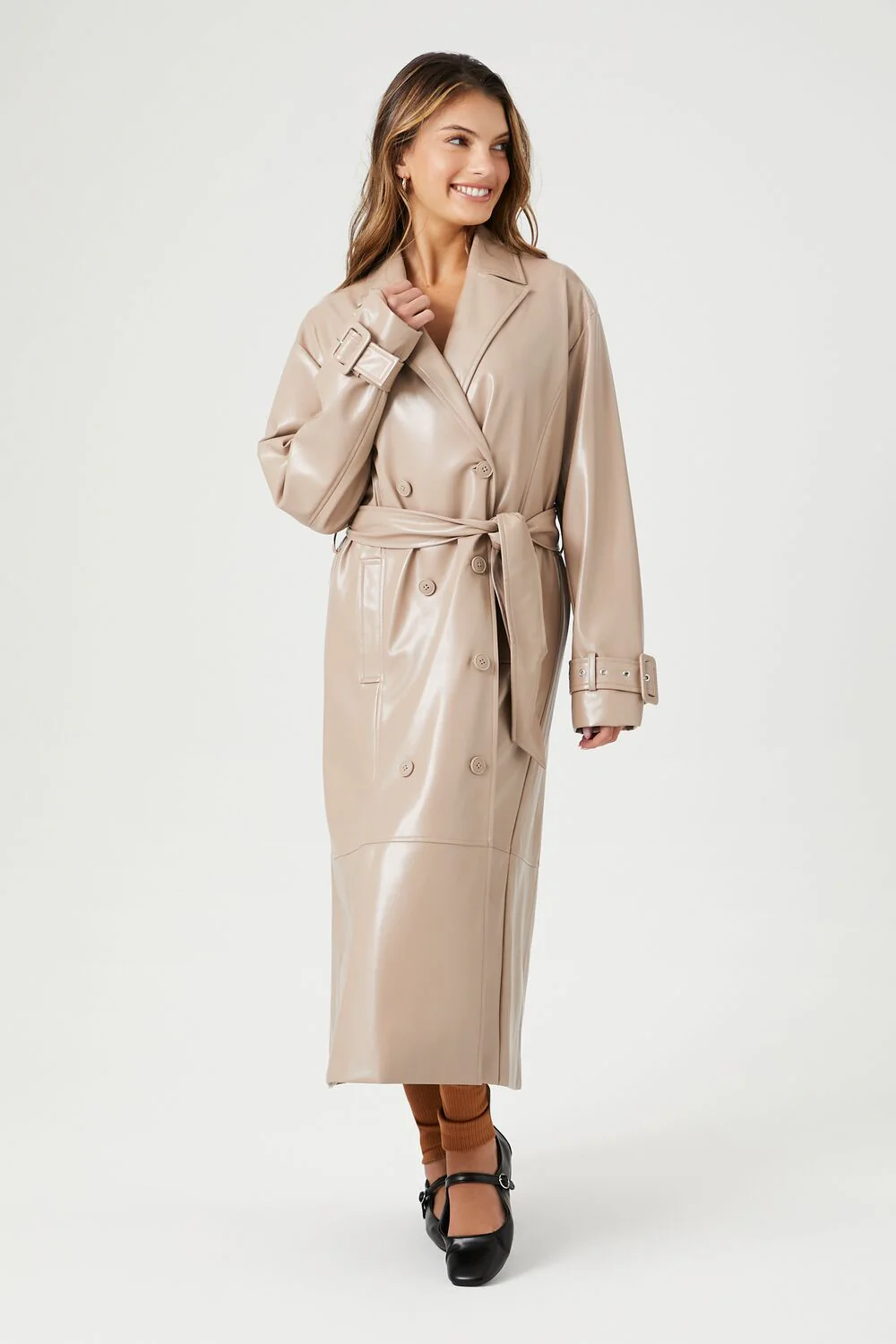 Faux Leather Double-Breasted Trench Coat