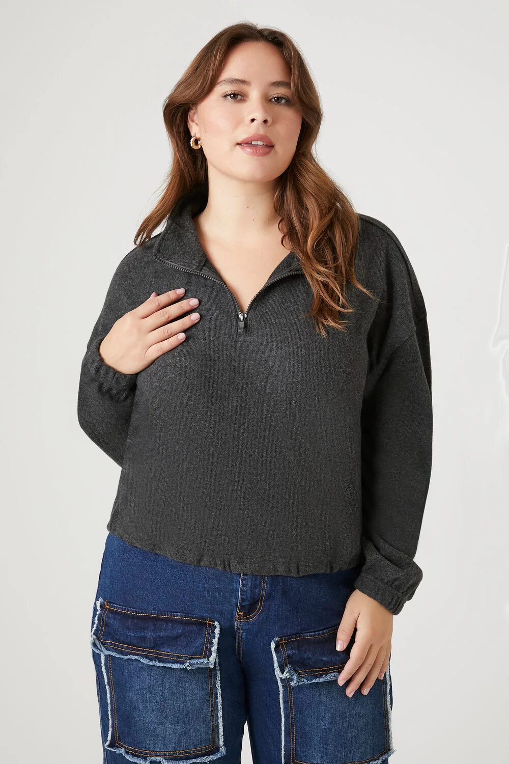 Plus Size Half-Zip Cropped Rib-Knit Pullover