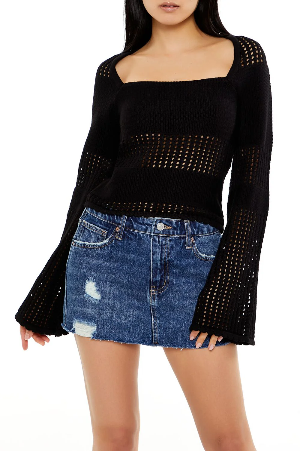 Open-Knit Bell-Sleeve Sweater