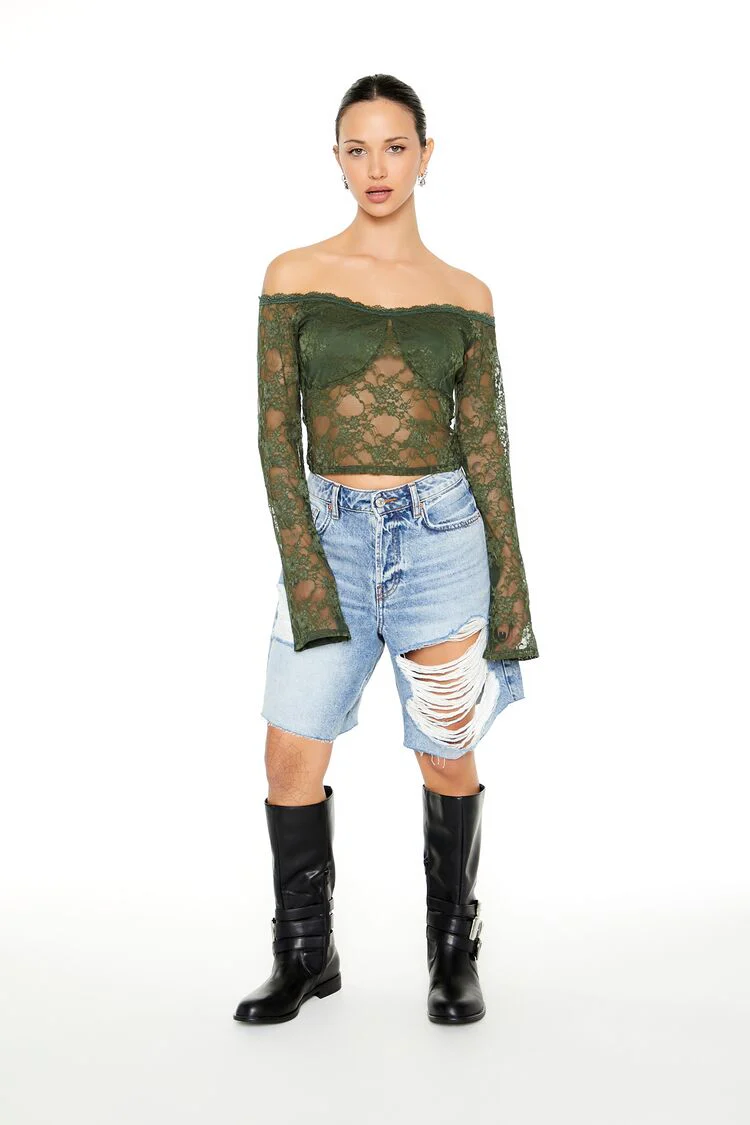 Sheer Lace Off-the-Shoulder Top - Image 9