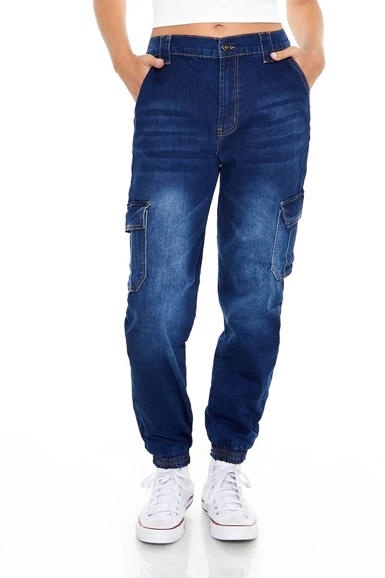 Stone Wash Denim Cargo Joggers - Image 2