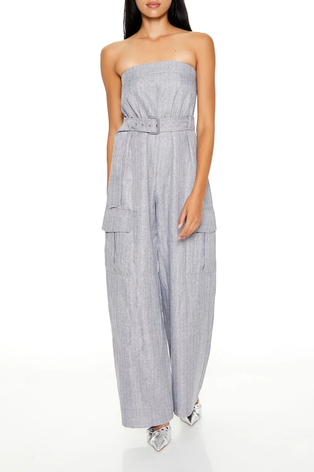 Belted Pinstriped Cargo Jumpsuit