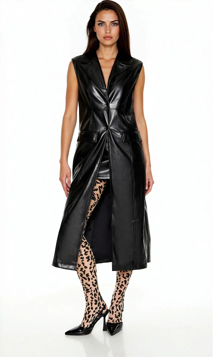 Notched Faux Leather Longline Vest