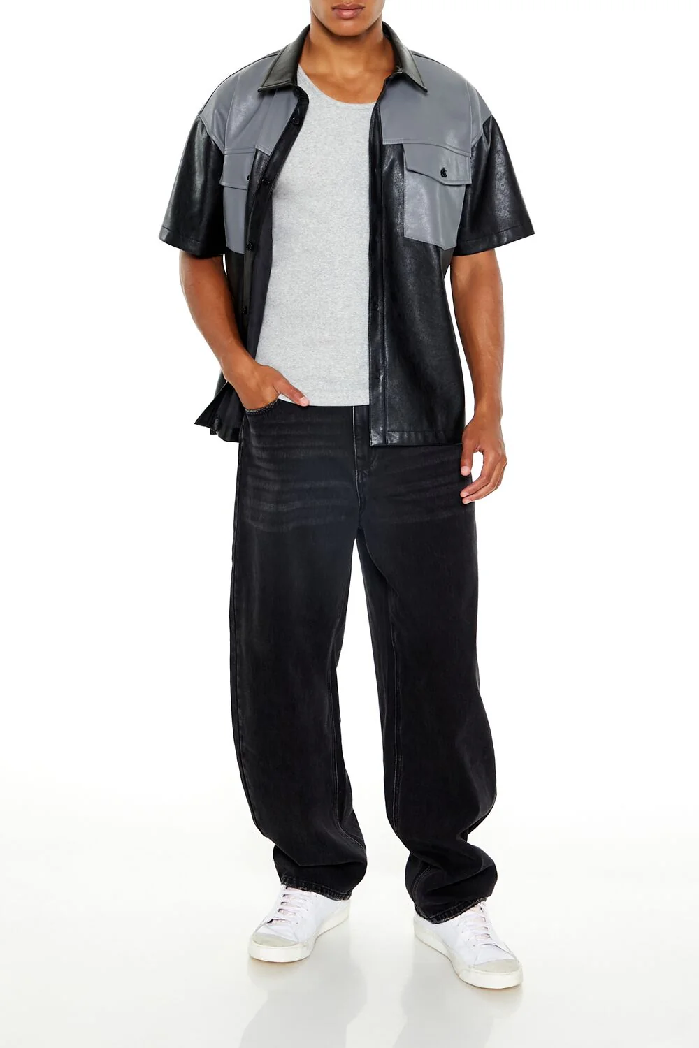 Faux Leather Colorblock Shirt - Image 2