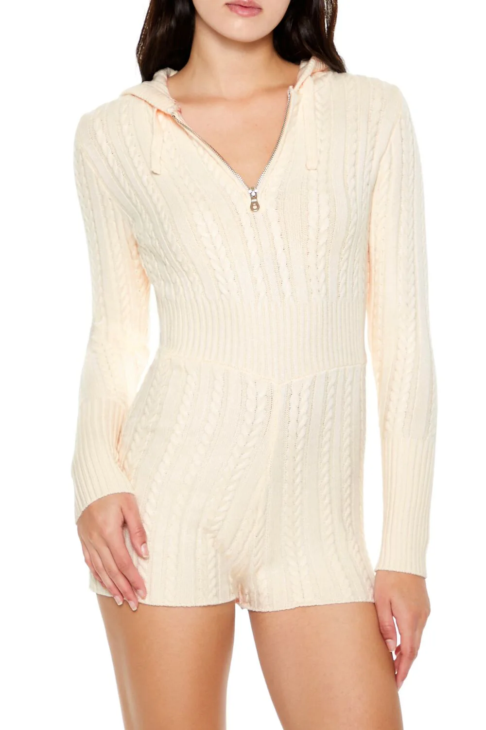 Hooded Cable Knit Zip-Up Romper - Image 2