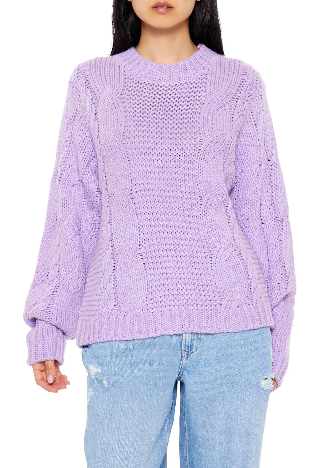 Ribbed-Trim Cable Knit Sweater