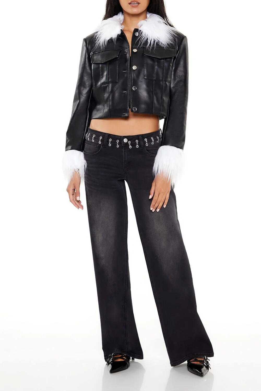 Faux Fur & Leather Trucker Jacket - Image 8