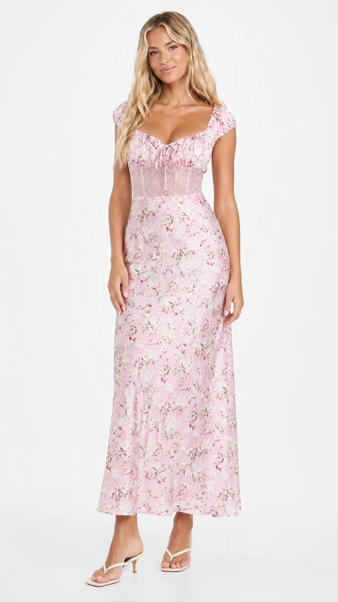 Lace-Trim Satin Floral Maxi Dress