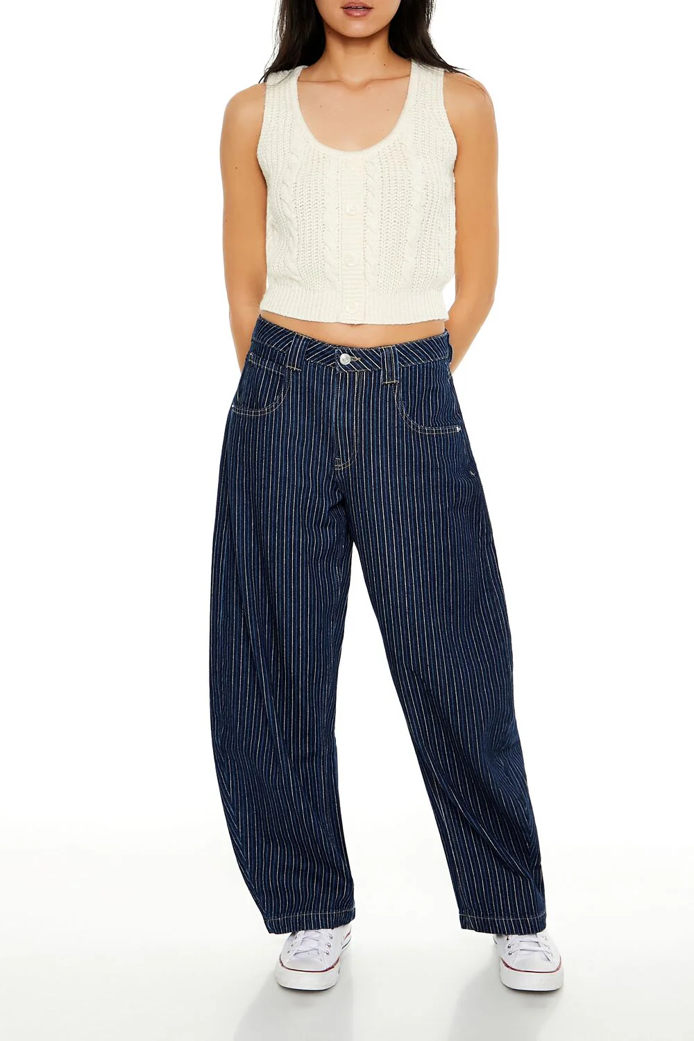 Pinstriped Mid-Rise Barrel Jeans