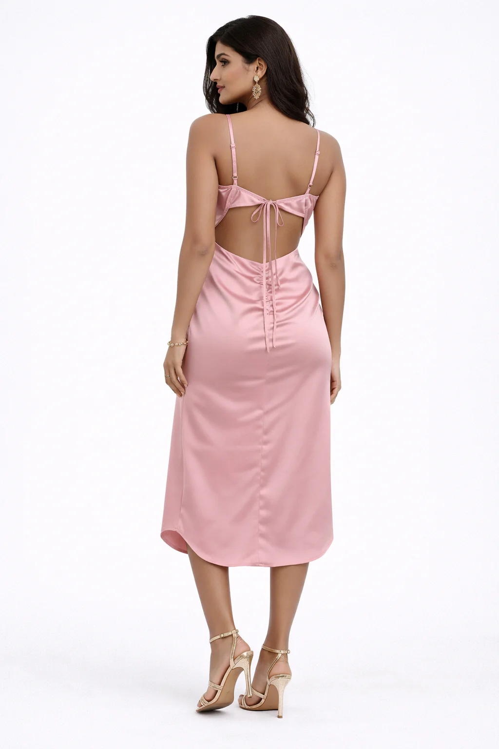 Ruched Satin Midi Dress With High Slit - Image 2