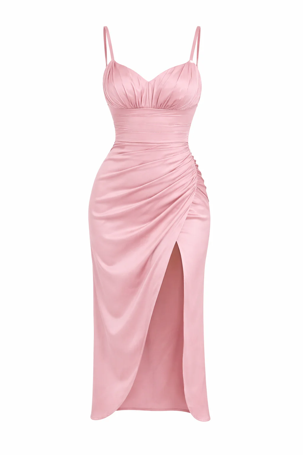 Ruched Satin Midi Dress With High Slit - Image 3