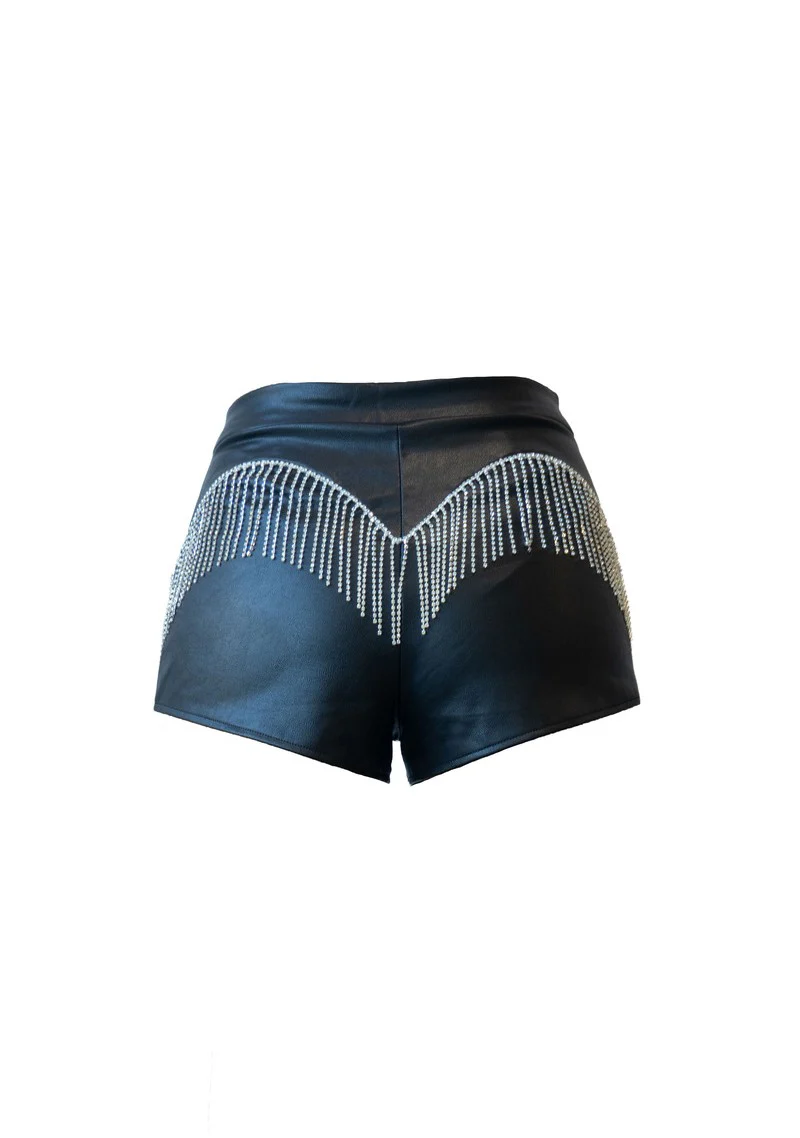 Rhinestone Fringe Faux Leather Shorts - Image 3