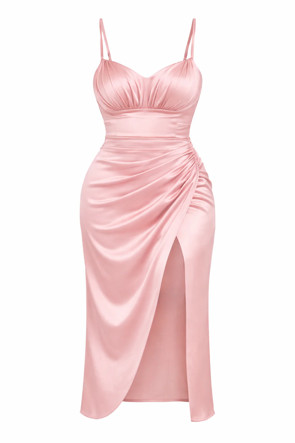 Plus Size Ruched Satin Midi Dress With High Slit - Image 6
