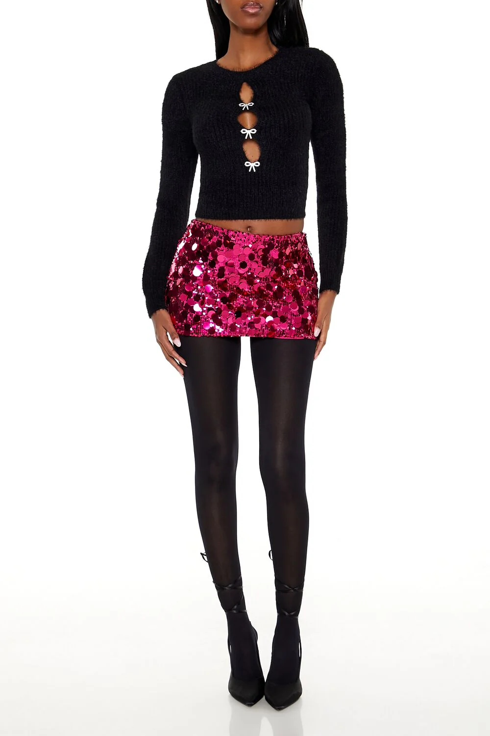 Faux Pearl Bow Cropped Sweater - Image 2