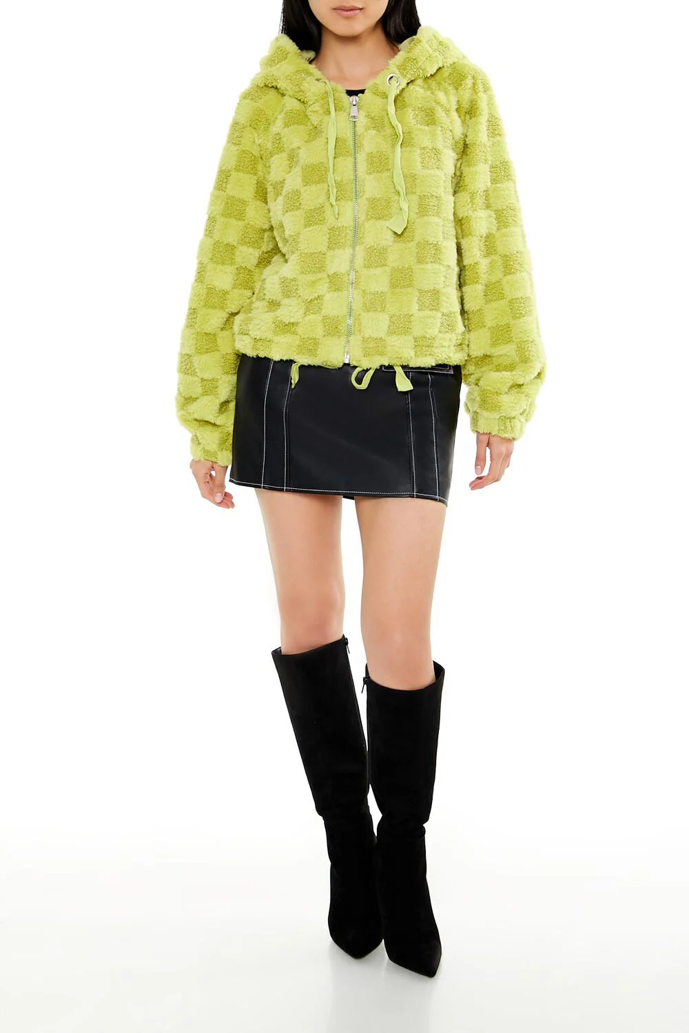 Checkered Faux Shearling Zip-Up Hoodie - Image 2