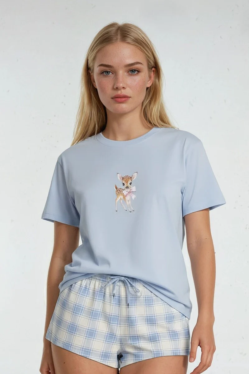 Deer Graphic Tee & Plaid Shorts Pajama Set - Image 4