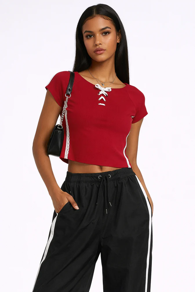 Lace-Up Raglan Cropped Tee - Image 2