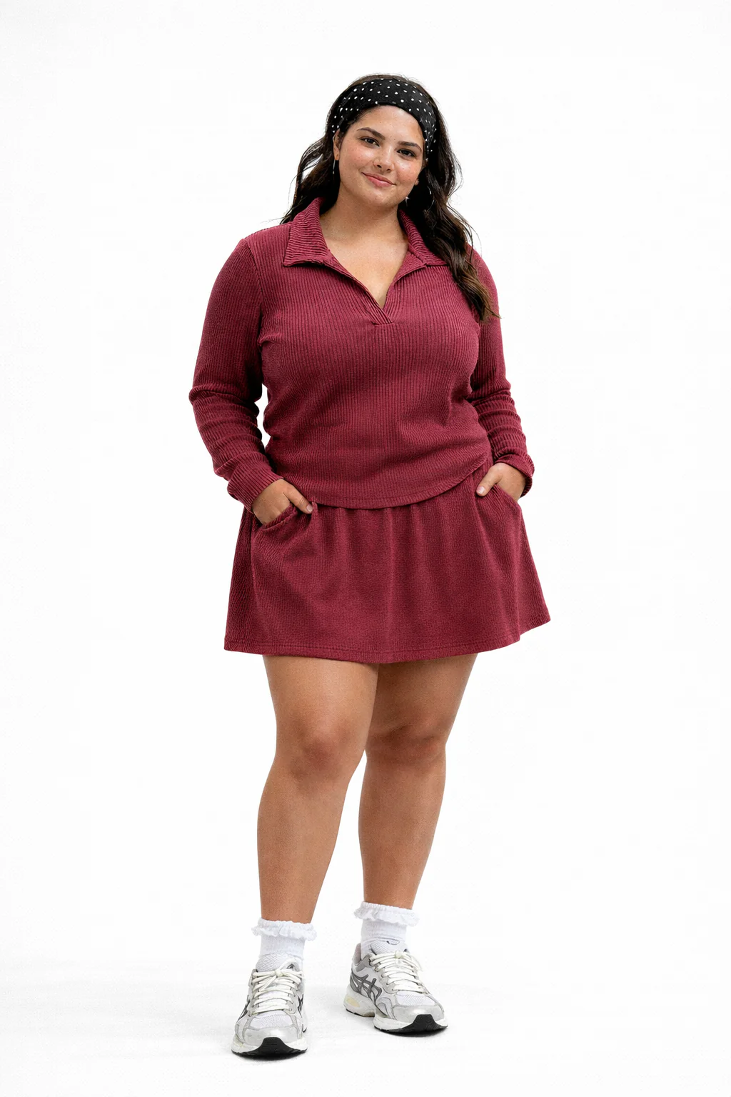 Plus Size Ribbed Long Sleeve Polo And Skort Set - Image 2