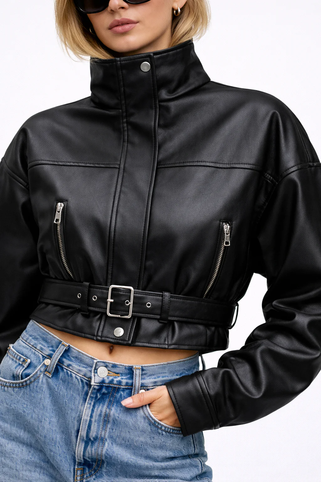 Faux Leather Belted Cropped Jacket - Image 2