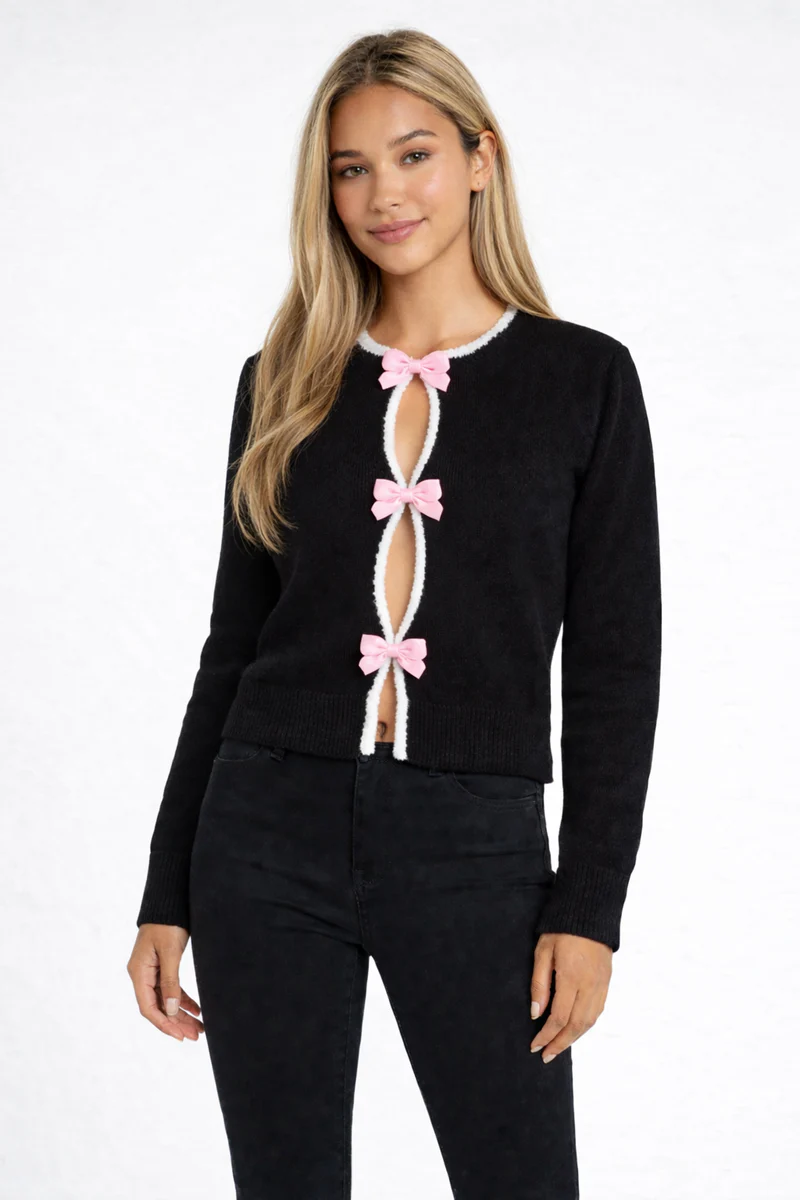 Velvet Bow Open-Front Knit Sweater