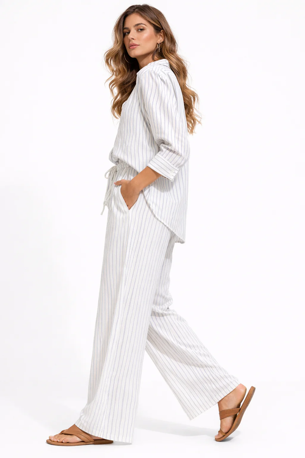 Striped Long Sleeve Shirt and Wide Leg Pants Set - Image 10