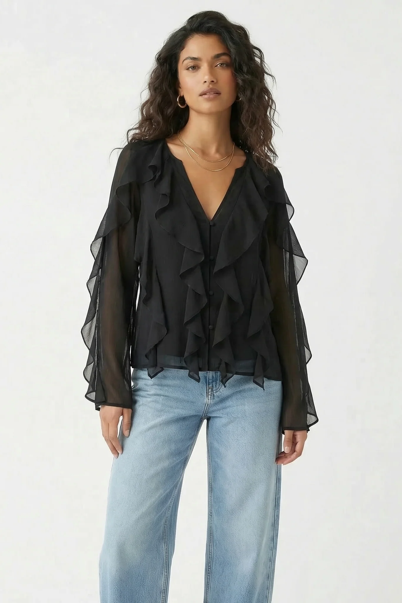 Chiffon Button Front Ruffle Detail Blouse - Image 8