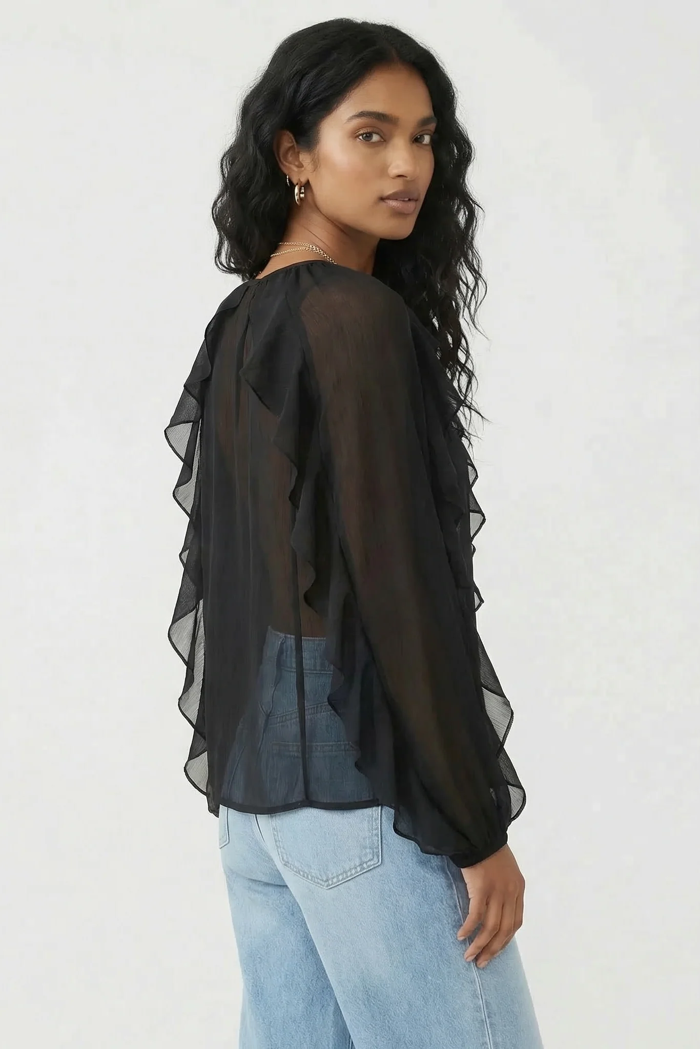 Chiffon Button Front Ruffle Detail Blouse - Image 9