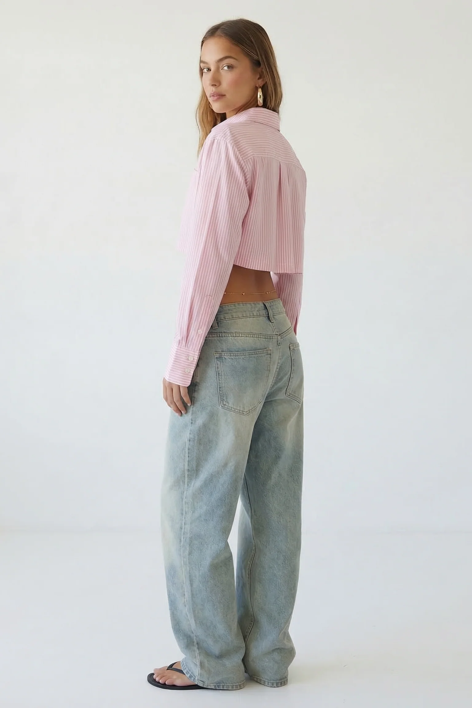 Striped Cropped Button Front Shirt - Image 2