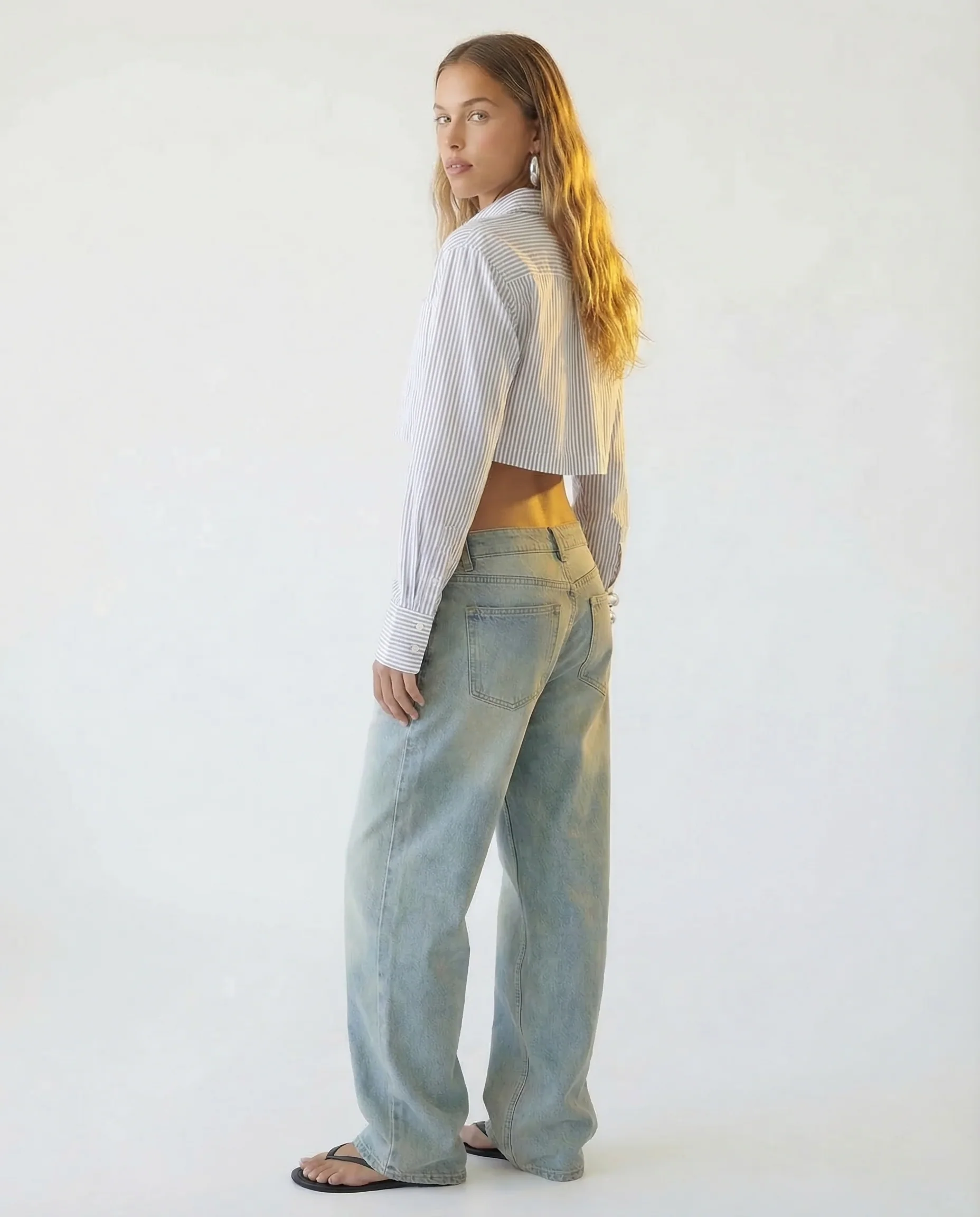 Striped Cropped Button Front Shirt - Image 6