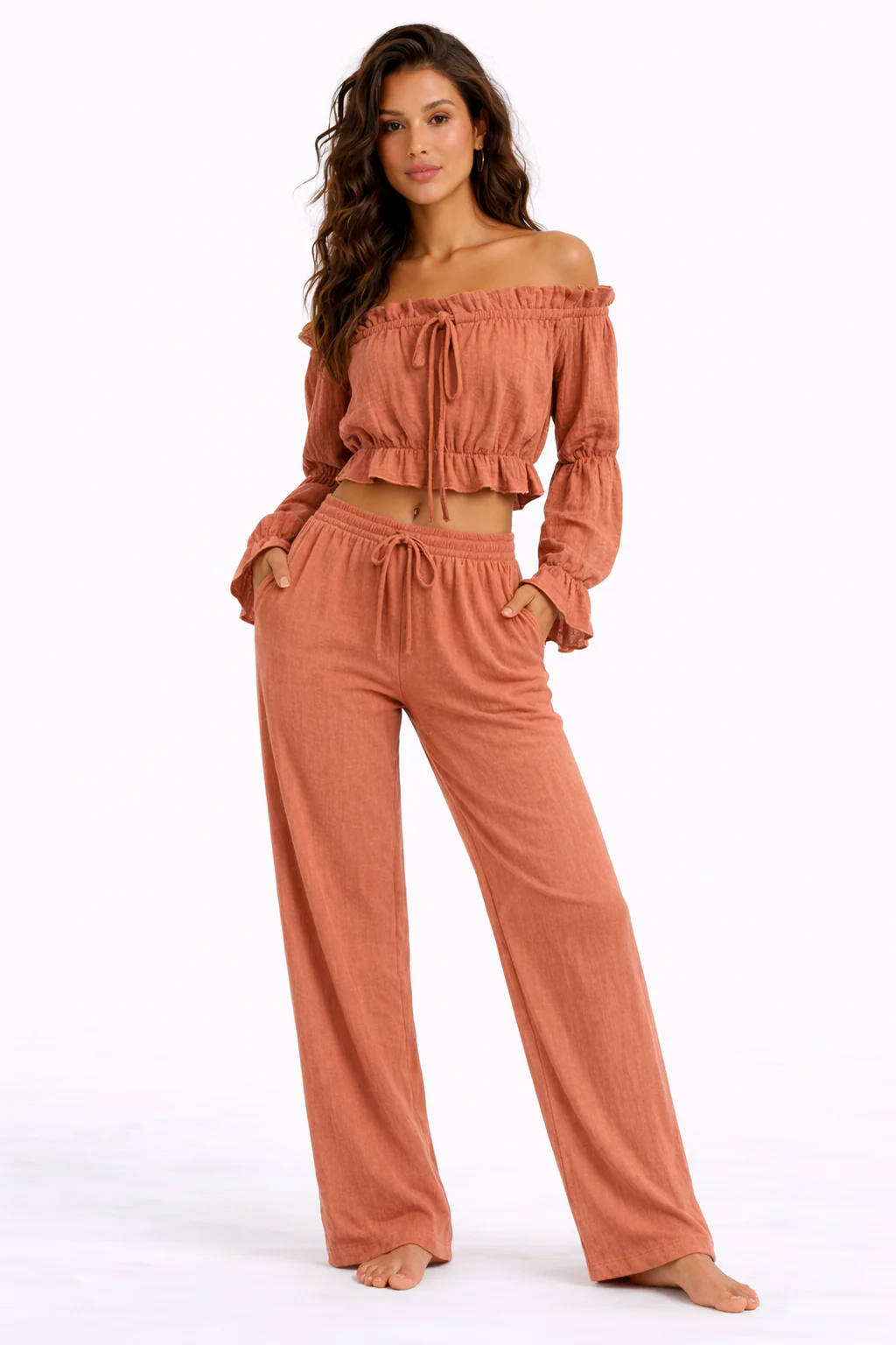 Off The Shoulder Long Sleeve Crop Top - Image 2
