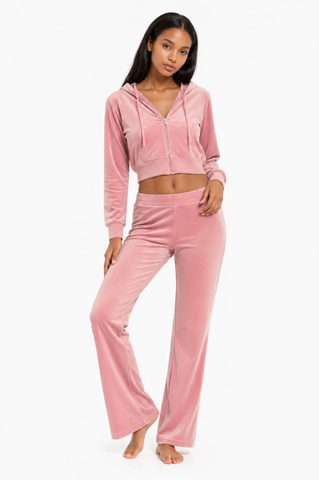 Velour Zip-Front Hoodie & Pant Set