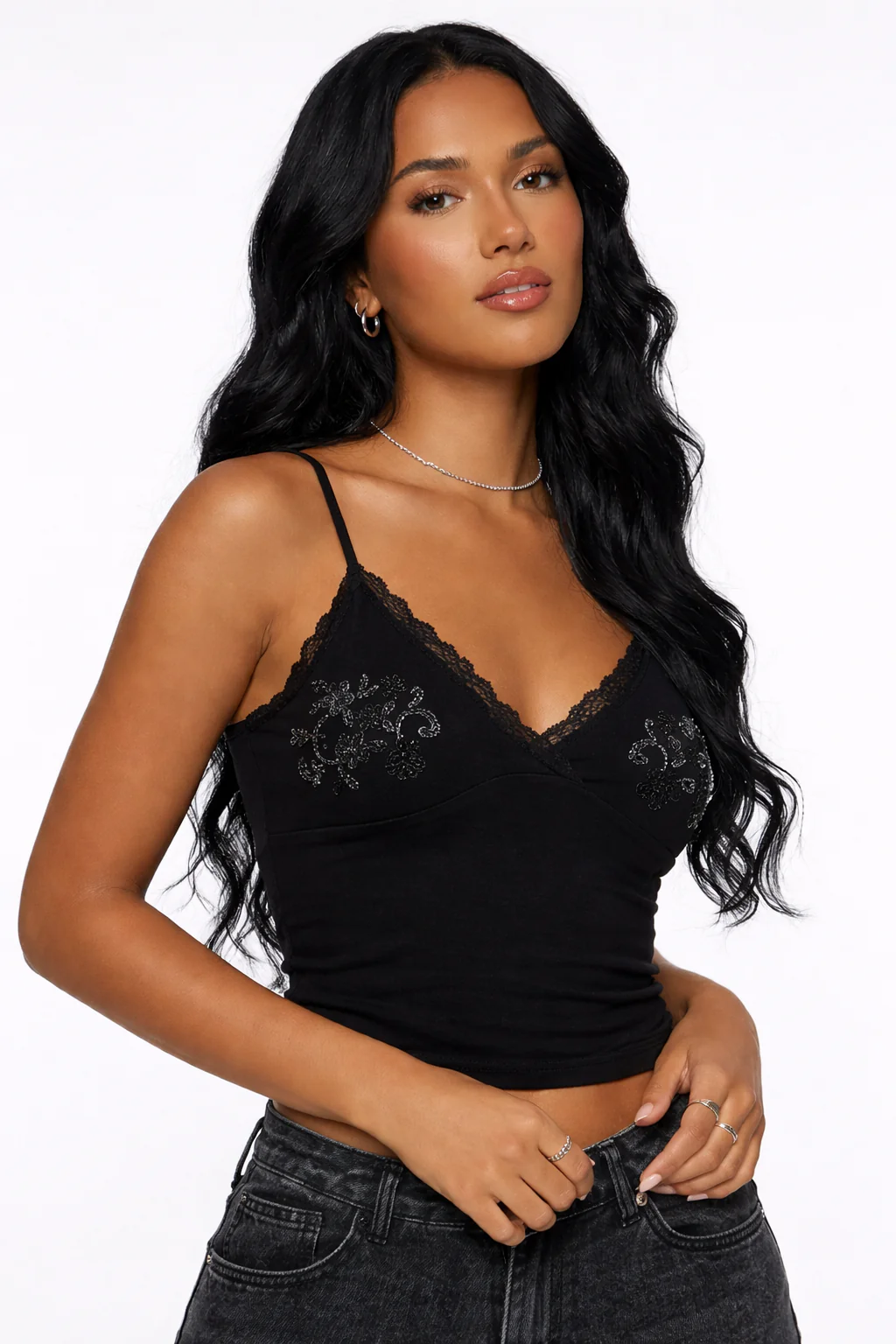 Beaded Lace Trim Tank Top