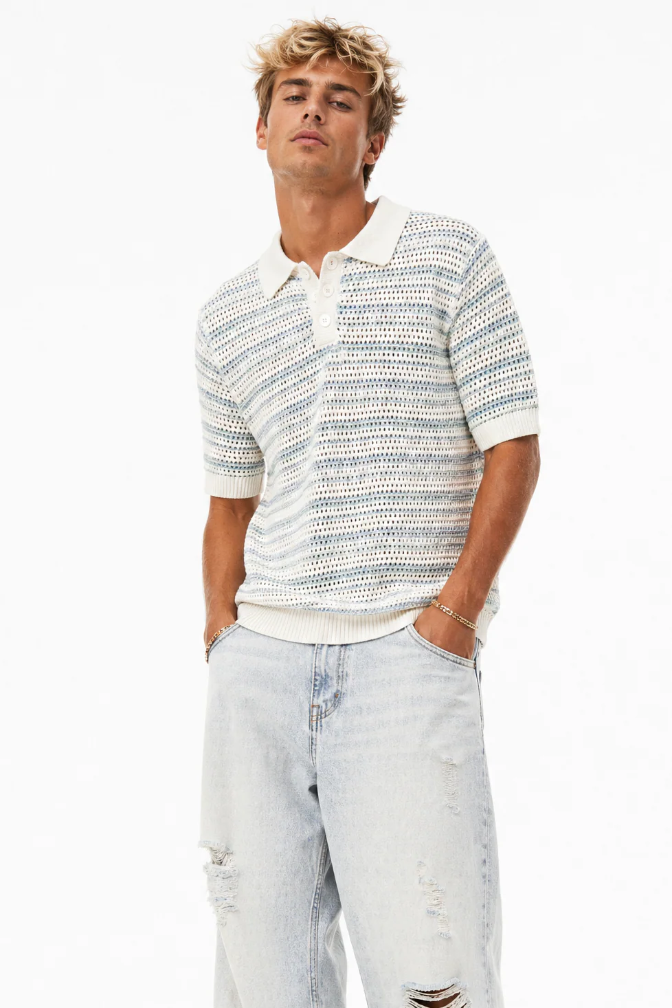 Loose Knit Striped Polo Shirt - Image 2