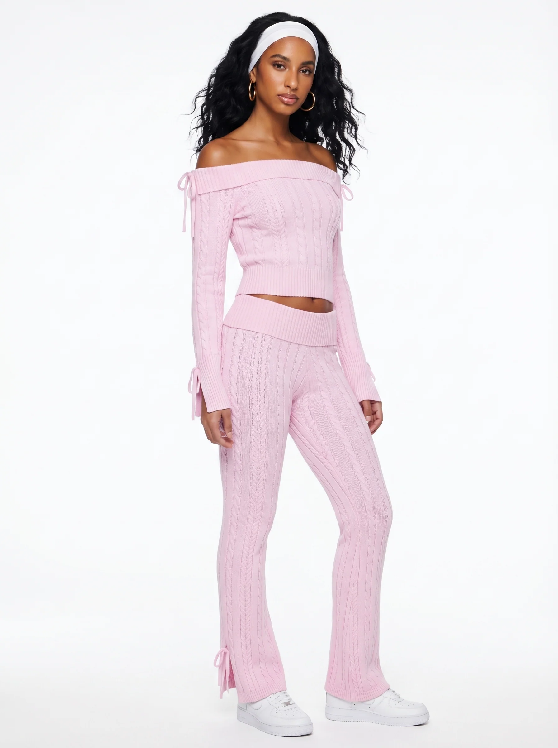 Cable Knit Off The Shoulder Sweater and Pant Set