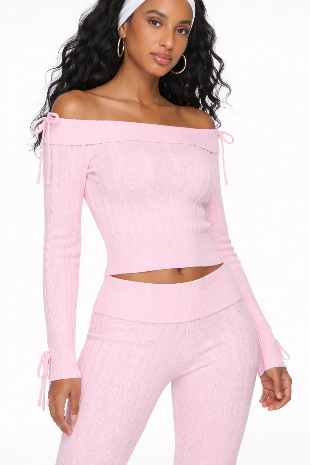 Cable Knit Off The Shoulder Sweater and Pant Set - Image 5