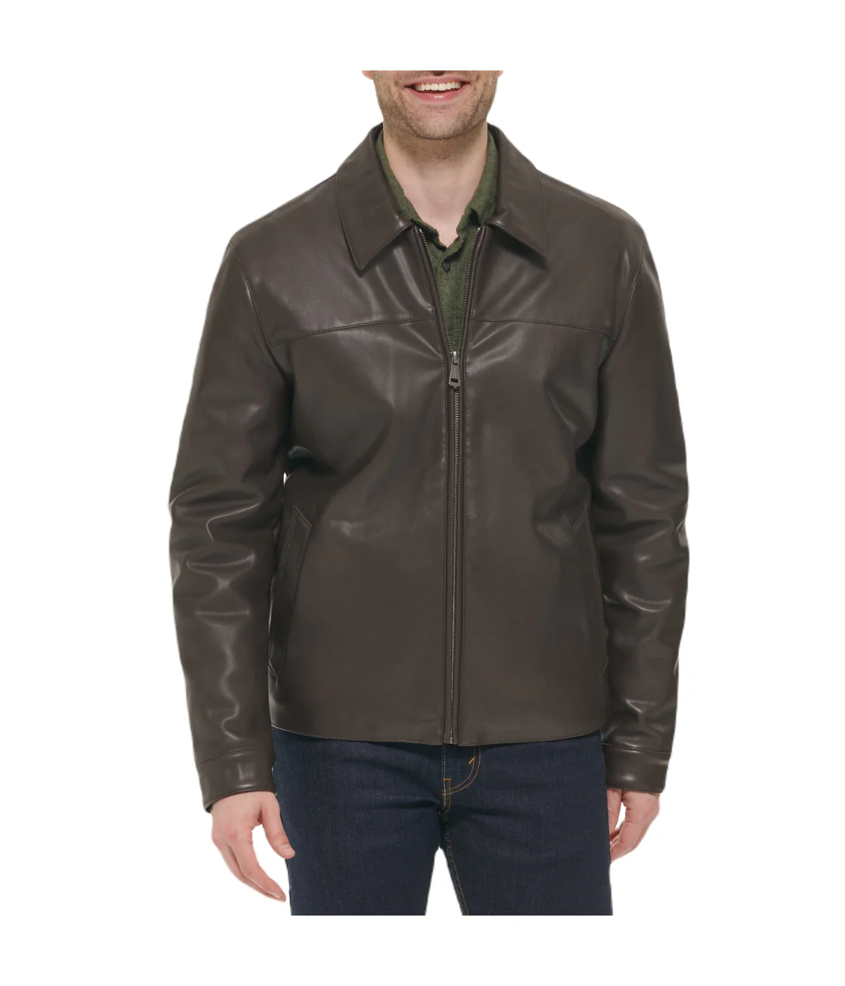 Mens Faux Leather Collared Jacket Dark Brown
