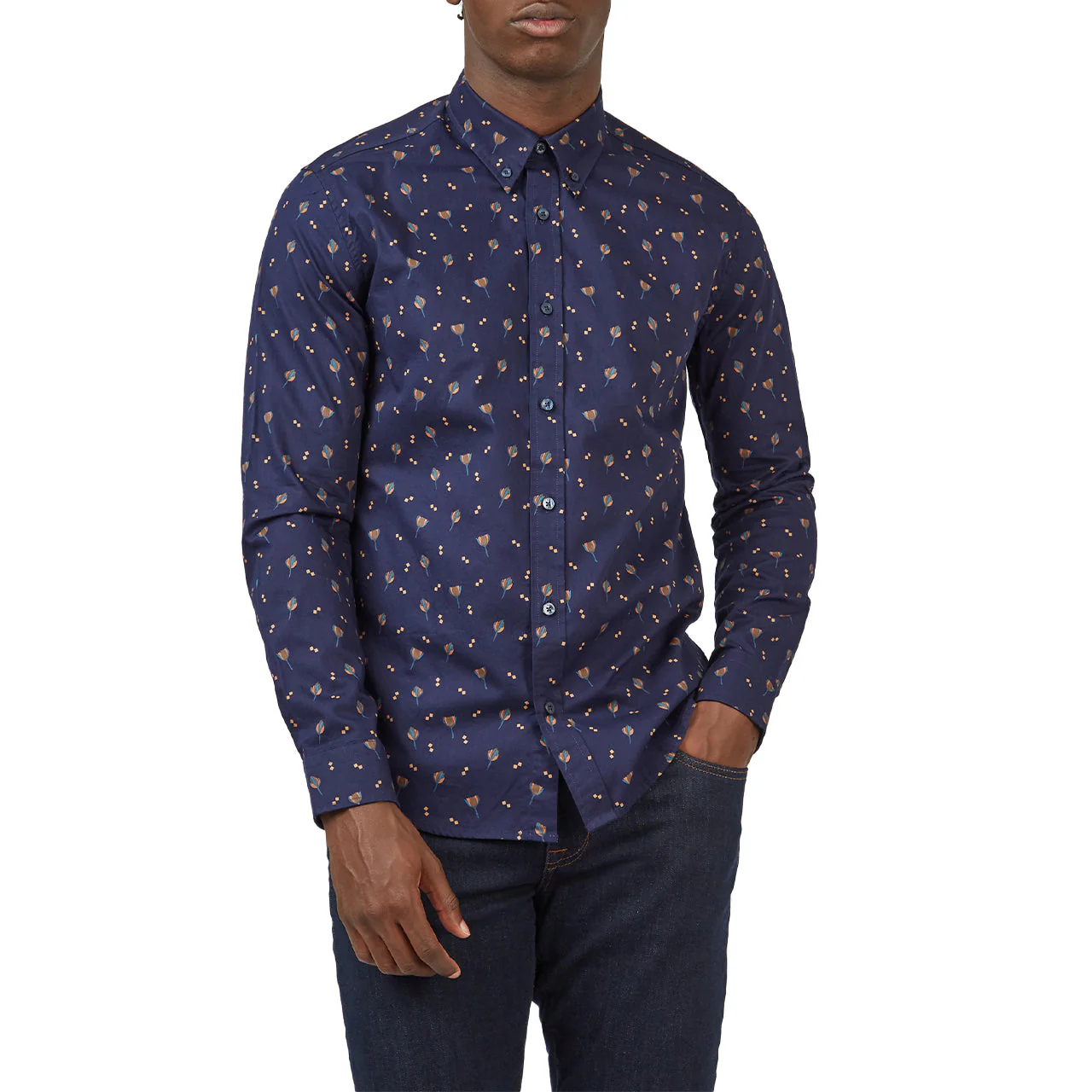Scattered Floral Print Twill Buttondown Shirt with Long Sleeves - Image 2